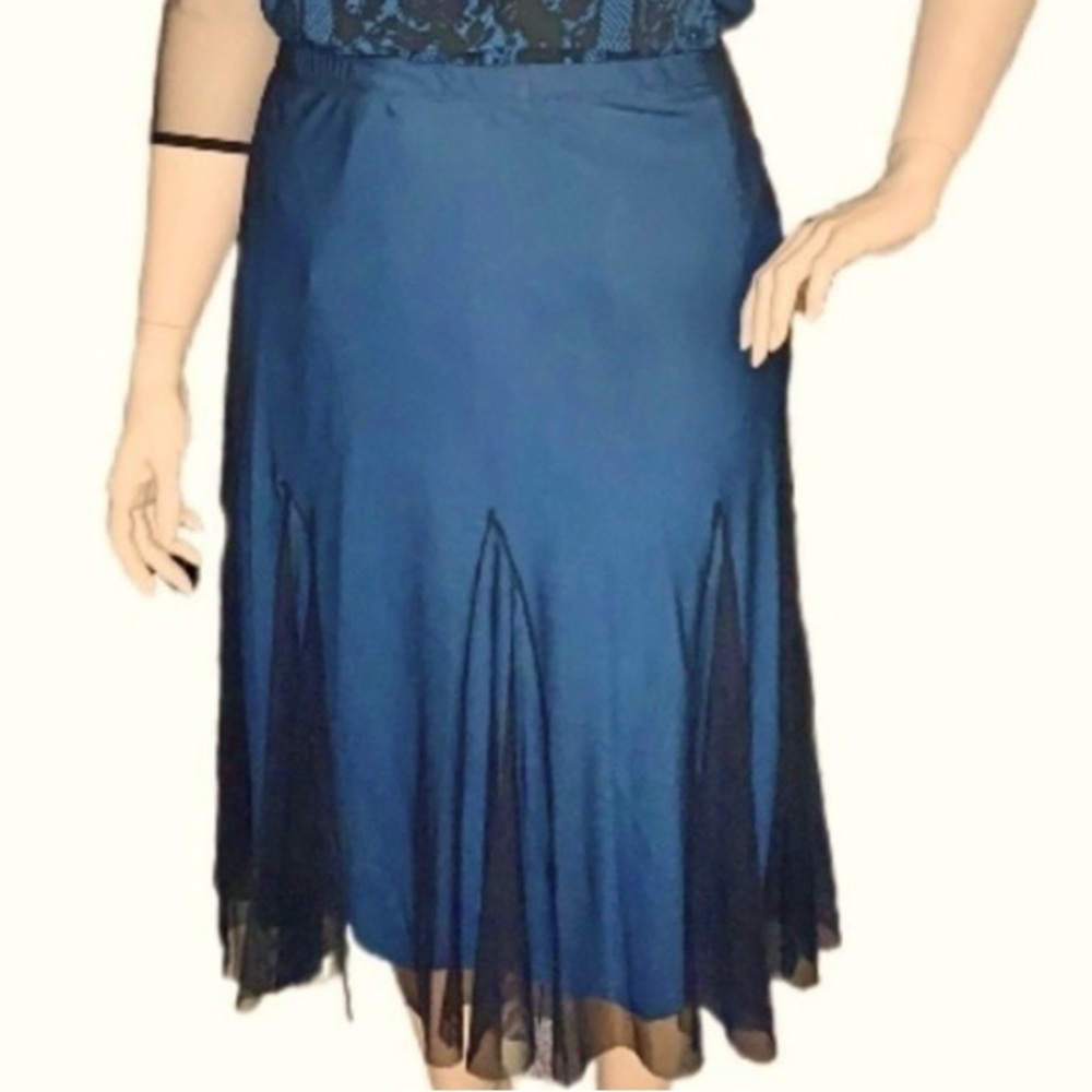 IGIGI Skirt Sheer Black Over Blue Pull-On Kick Pleats Midi Plus Size 18/20 NEW